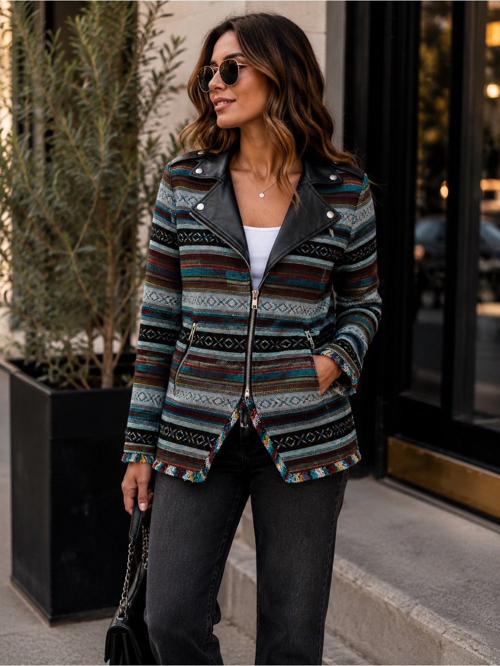 Aniina Teal Multi Striped Utility Jacket with Faux Leather Trim